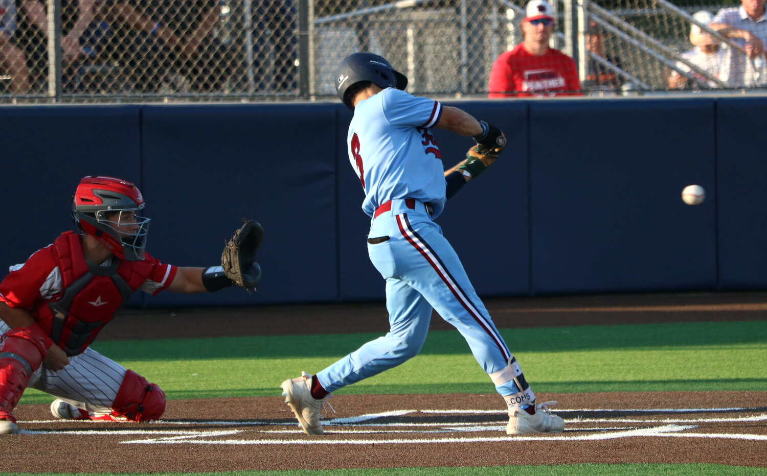 Darius Woodson hits during Thursday's Regional Quarterfinal game between Katy and Tompkins at Cy-Springs.