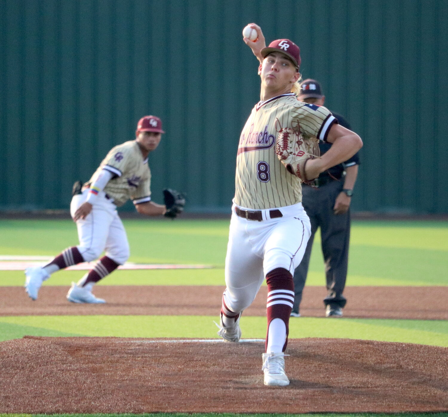 Brayden Hodge pitches during Friday's Regional Quarterfinal between Cinco Ranch and Ridge Point at Langham Creek.