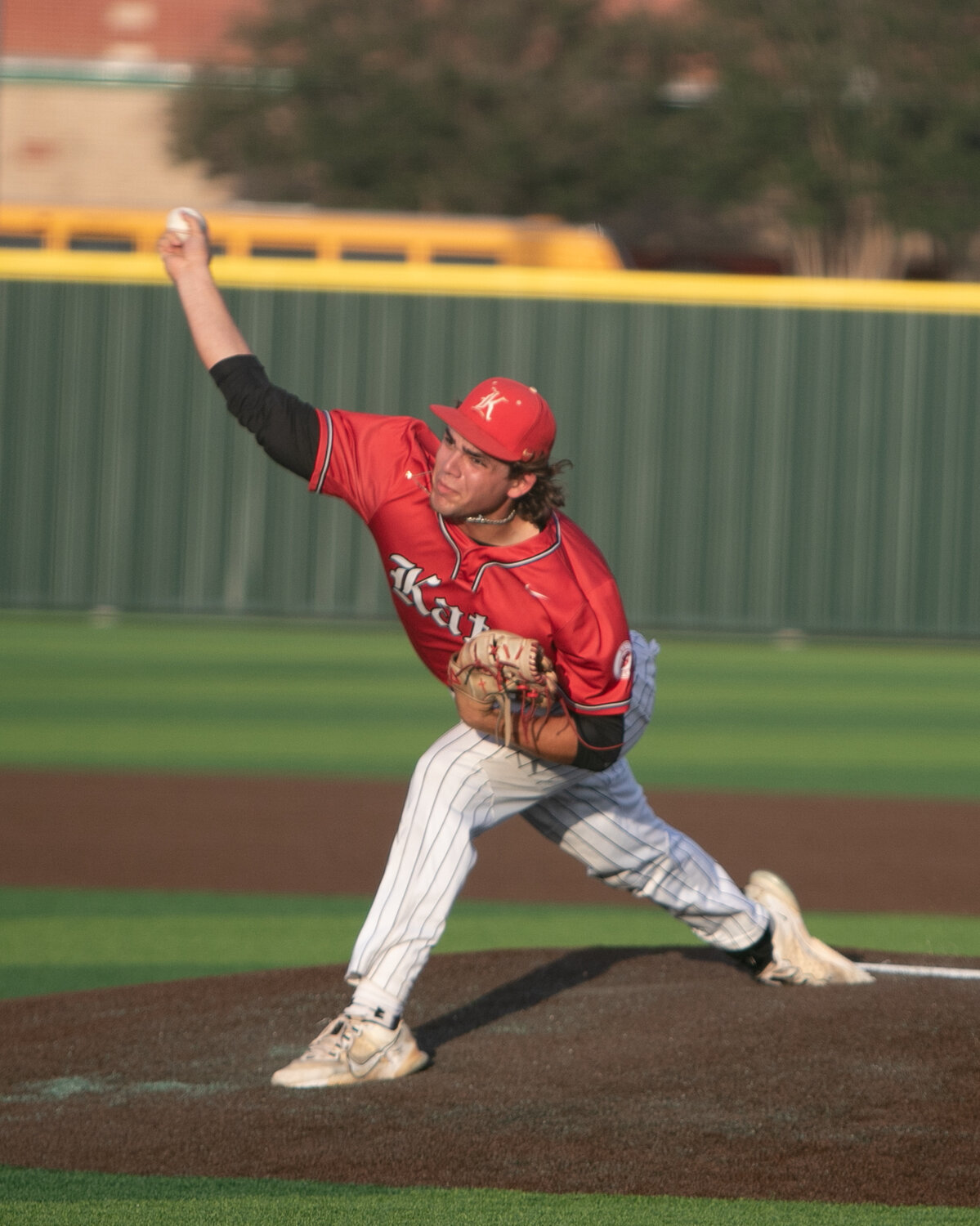 Cole Kaase pitches during Saturday's Regional Quarterfinal between Katy and Tompkins at Cy-Springs.