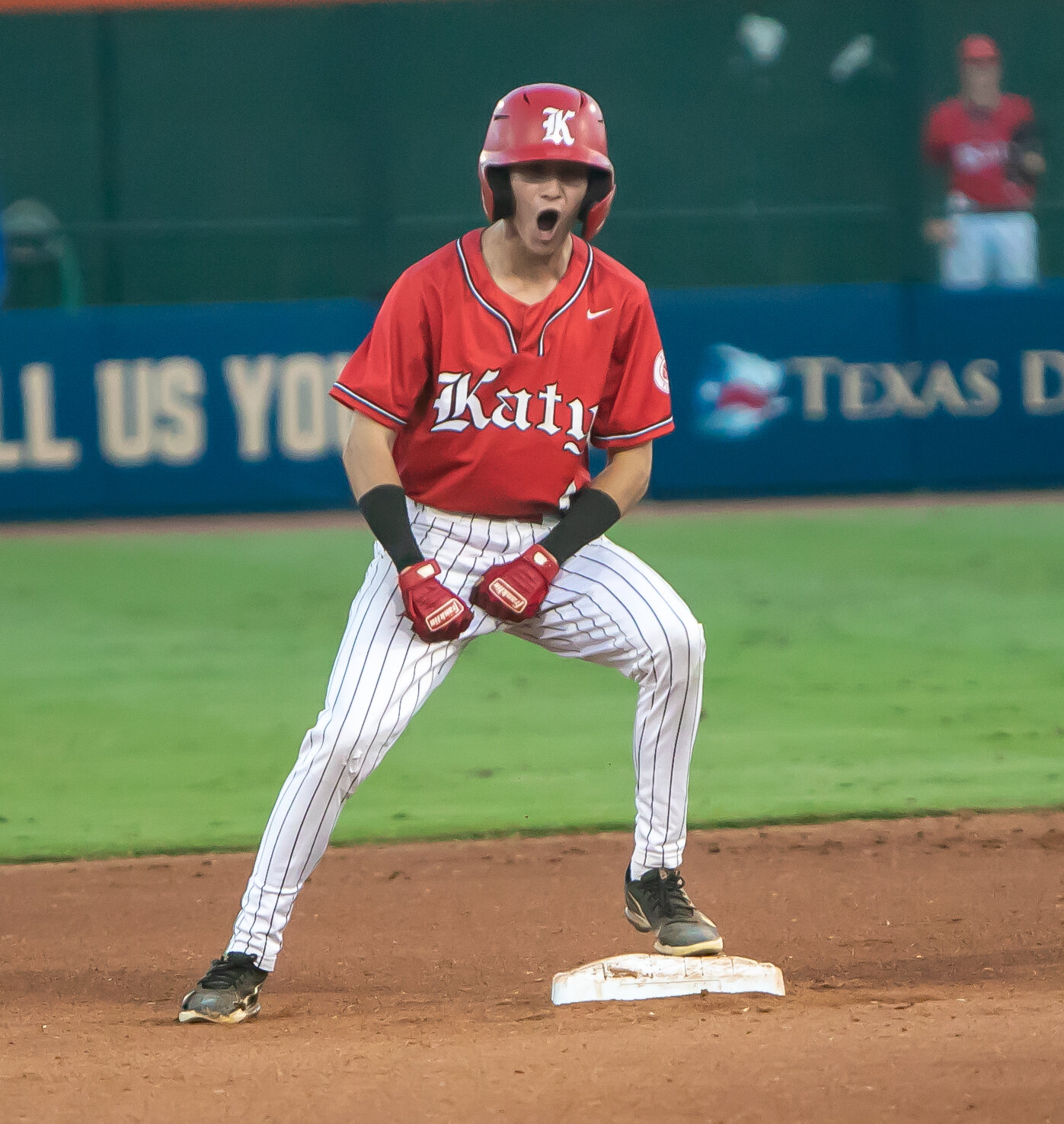Andrew Horner celebrates after hitting a double during Friday's Regional Final between Katy and Pearland at Constellation Field in Sugar Land.