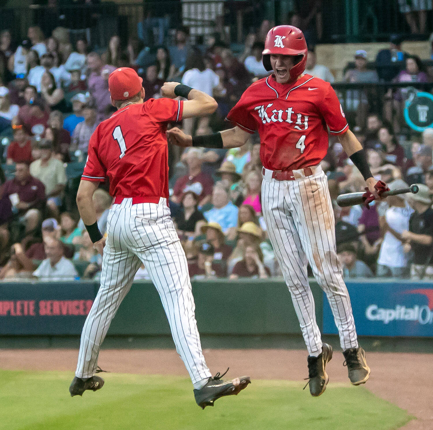Andrew Horner celebrates after scoring a run during Friday's Regional Final between Katy and Pearland at Constellation Field in Sugar Land.
