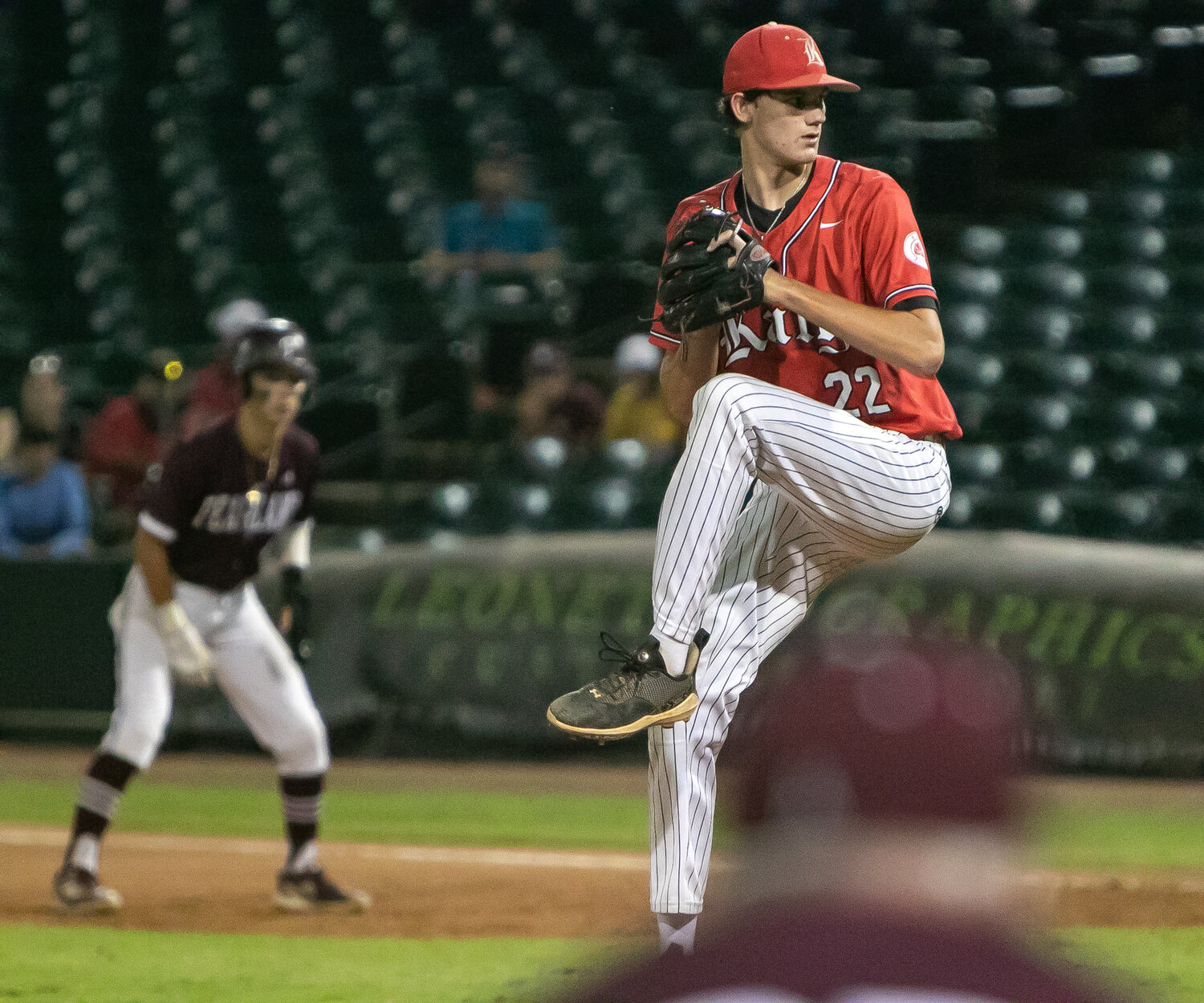 Cade Nelson pitches during Friday's Regional Final between Katy and Pearland at Constellation Field in Sugar Land.