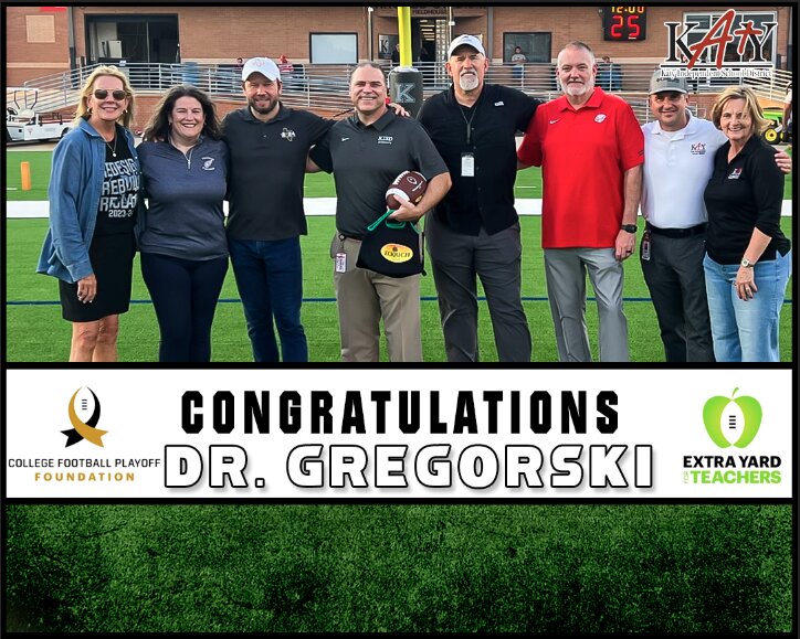 Katy Superintendent Ken Gregorski was honored at Rhodes Stadium on Friday as part of the College Football Playoff Foundation’s Extra Yard for Teachers program.