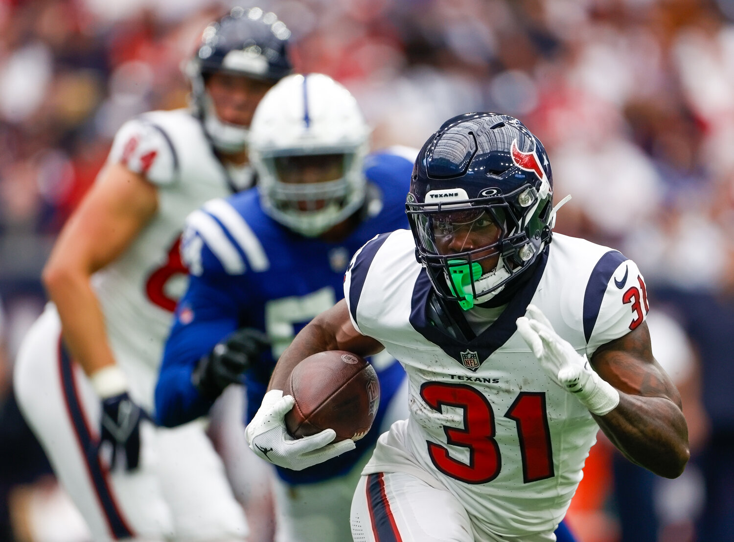 Texans running back Dameon Pierce (31) carries the ball during an NFL game between the Texans and the Colts on September 17, 2023 in Houston. The Colts won, 31-20.