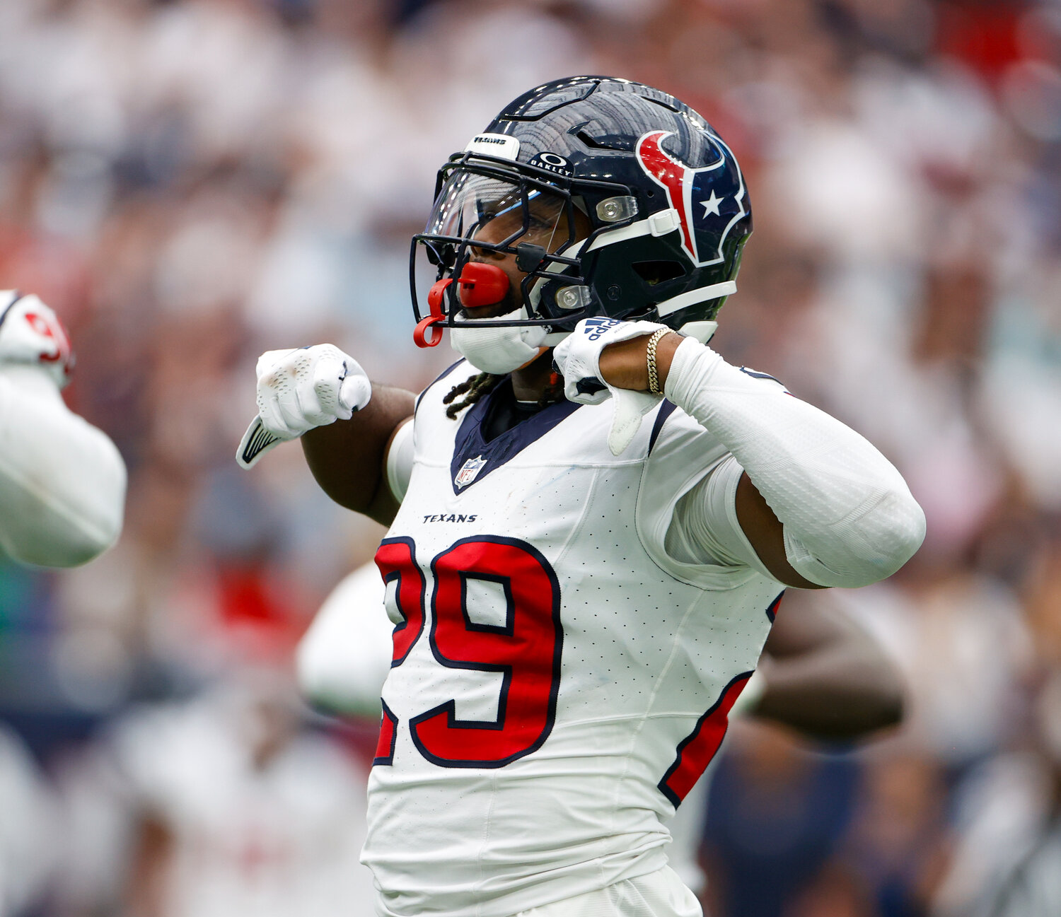 Texans safety M.J. Stewart (29) reacts after a play during an NFL game between the Texans and the Colts on September 17, 2023 in Houston. The Colts won, 31-20.
