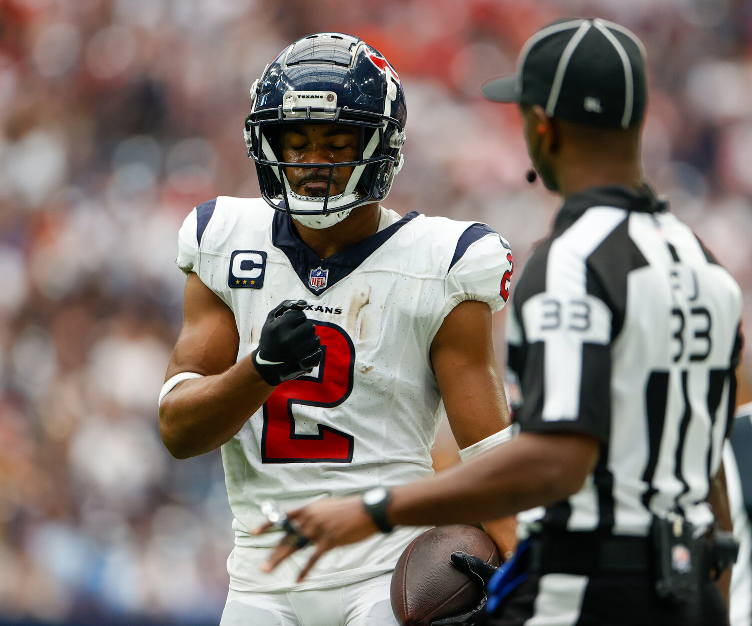 Texans wide receiver Robert Woods (2) reacts after a catch during an NFL game between the Texans and the Colts on September 17, 2023 in Houston. The Colts won, 31-20.