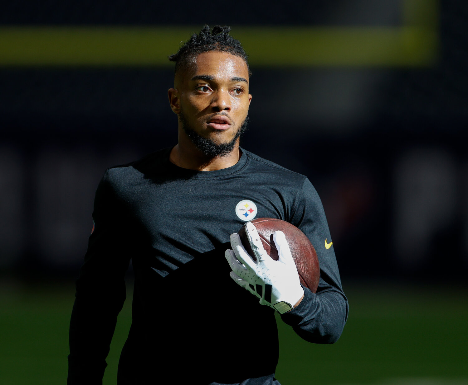 Steelers wide receiver Calvin Austin III (19) warms up prior to an NFL game between the Houston Texans and the Pittsburgh Steelers on October 1, 2023 in Houston.