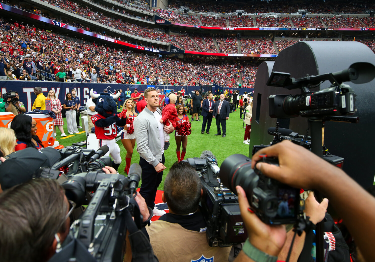 Former Houston Texans player JJ Watt prepares to be inducted into the Texans’ Ring of Honor at halftime during an NFL game between the Texans and the Steelers on October 1, 2023 in Houston.