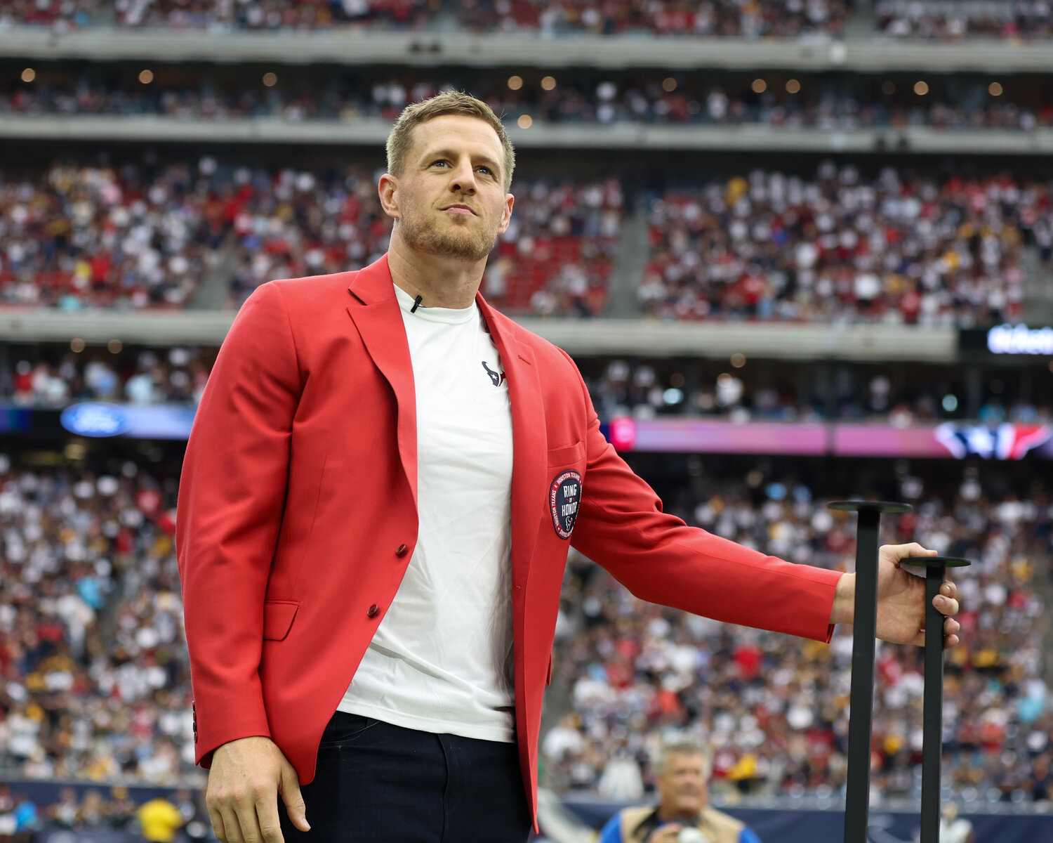 Former Houston Texans player JJ Watt is inducted into the Texans’ Ring of Honor at halftime during an NFL game between the Texans and the Steelers on October 1, 2023 in Houston.