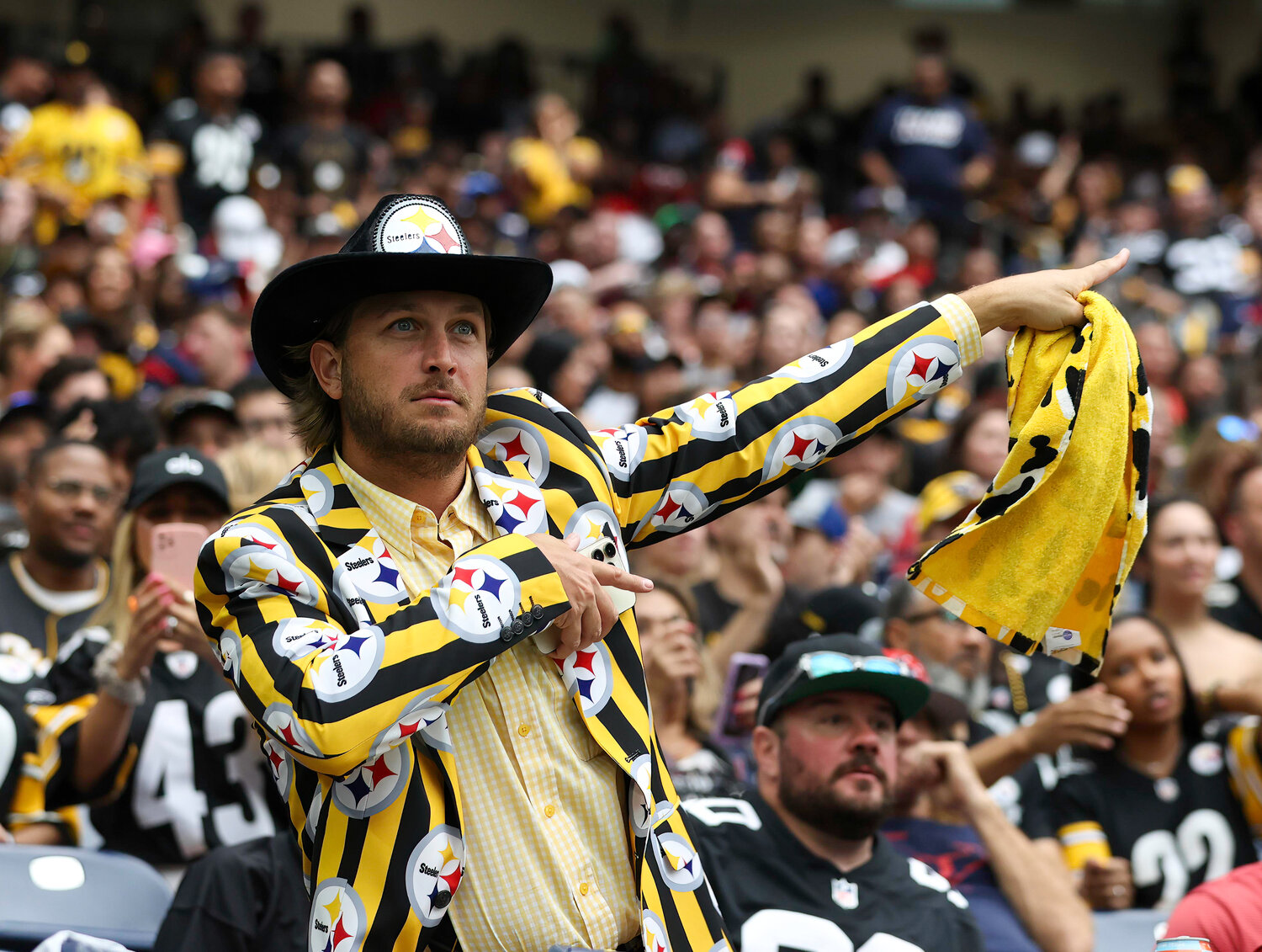 A Steelers fan during an NFL game between the Houston Texans and the Pittsburgh Steelers on October 1, 2023 in Houston.