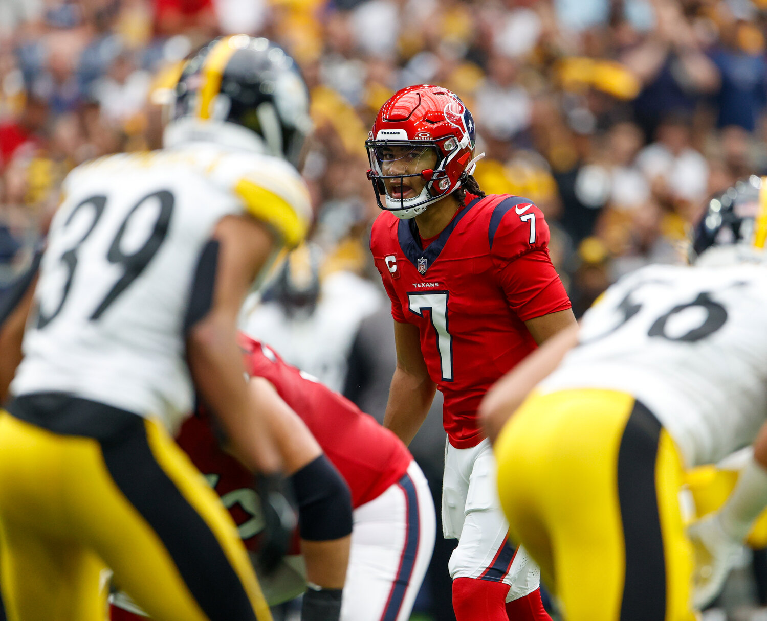 Texans quarterback C.J. Stroud (7) calls signals before the snap during an NFL game between the Houston Texans and the Pittsburgh Steelers on October 1, 2023 in Houston.