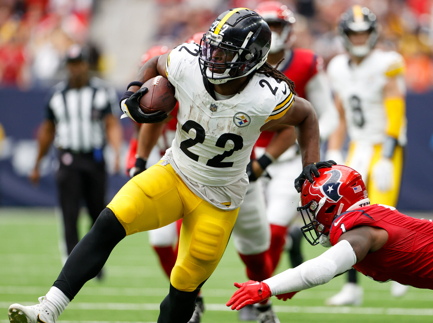 Steelers running back Najee Harris (22) carries the ball during an NFL game between the Houston Texans and the Pittsburgh Steelers on October 1, 2023 in Houston.