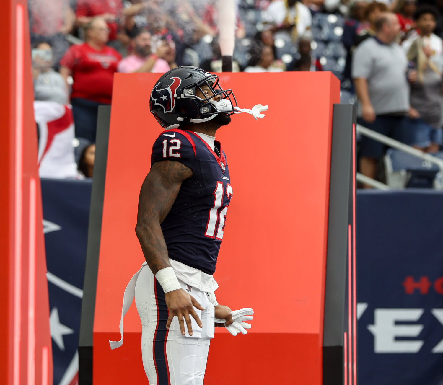 Texans wide receiver Nico Collins (12) takes the field for an NFL game between the Texans and the Saints on October 15, 2023 in Houston. The Texans won, 20-13.