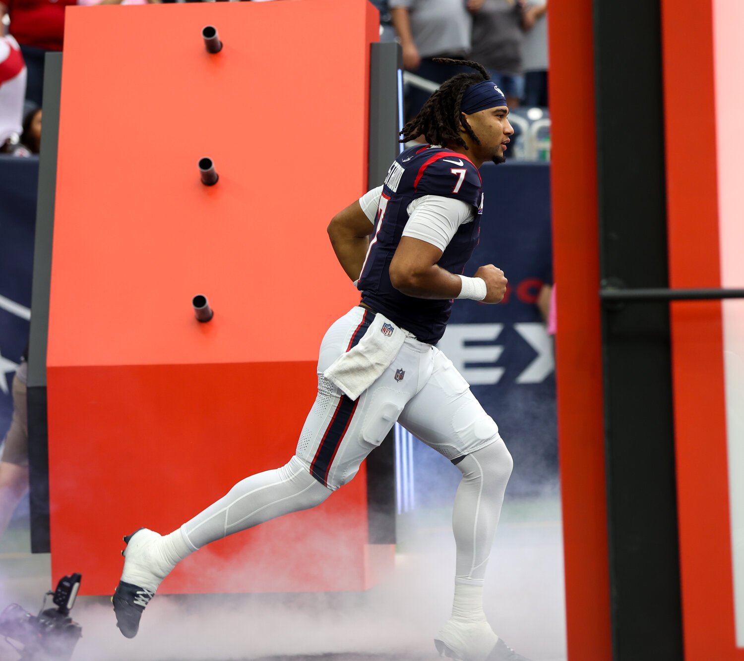 Texans quarterback C.J. Stroud (7) takes the field for an NFL game between the Texans and the Saints on October 15, 2023 in Houston. The Texans won, 20-13.