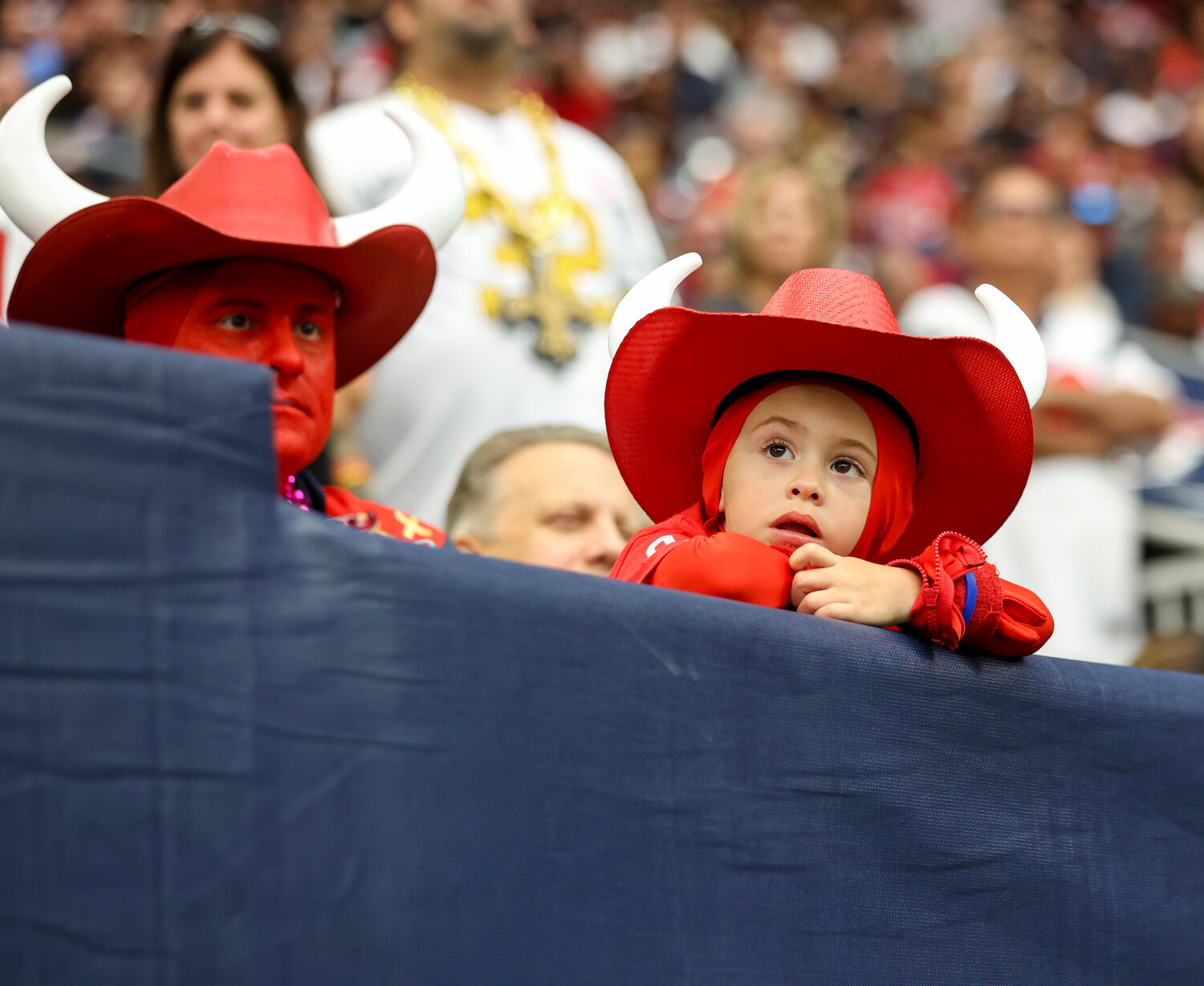 A young Houston Texans fan during an NFL game between the Texans and the Saints on October 15, 2023 in Houston. The Texans won, 20-13.