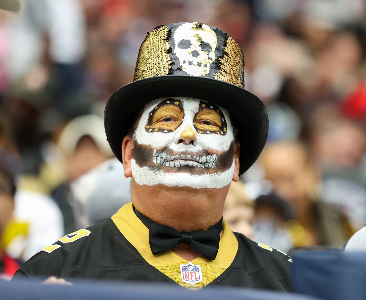 A New Orleans Saints fan during an NFL game between the Texans and the Saints on October 15, 2023 in Houston. The Texans won, 20-13.