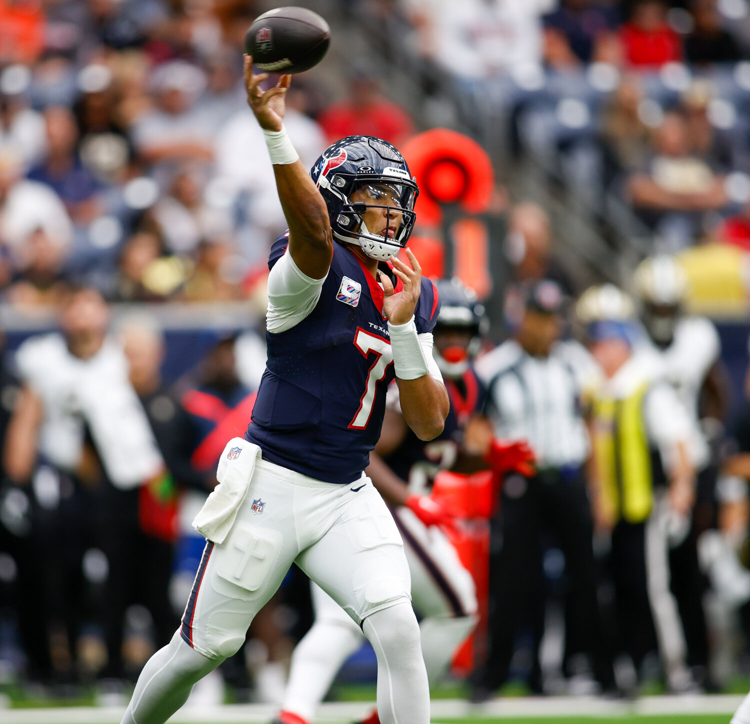 Texans quarterback C.J. Stroud (7) passes the ball during an NFL game between the Texans and the Saints on October 15, 2023 in Houston. The Texans won, 20-13.