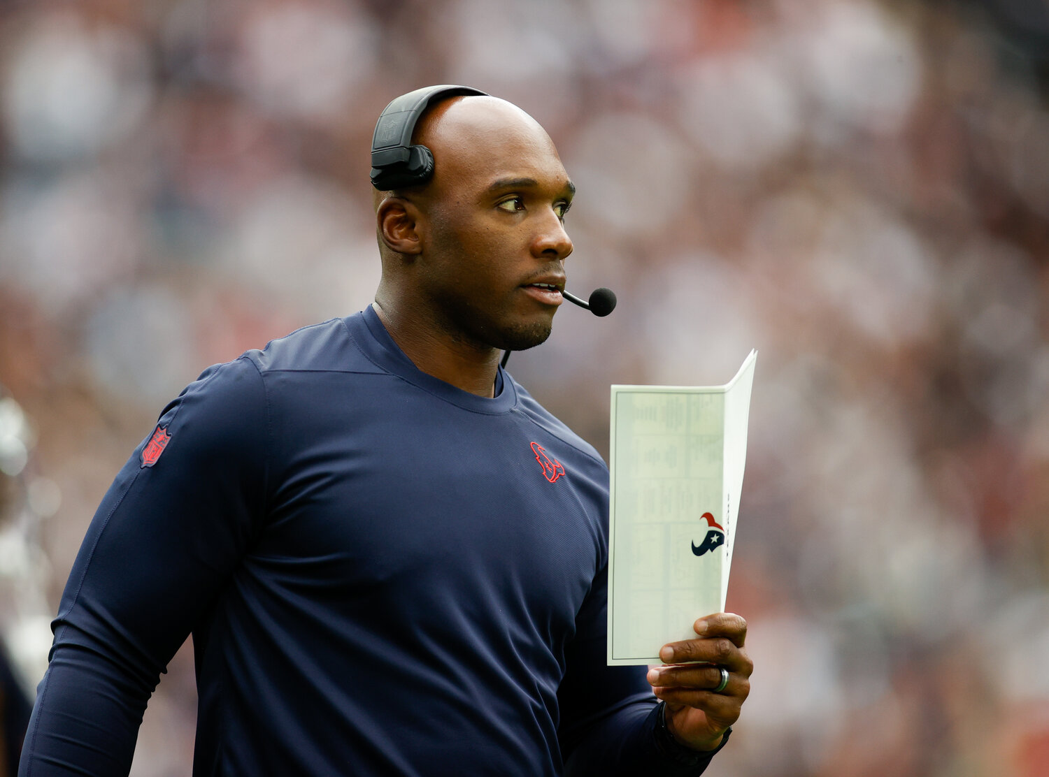 Texans head coach DeMeco Ryans during an NFL game between the Texans and the Saints on October 15, 2023 in Houston. The Texans won, 20-13.