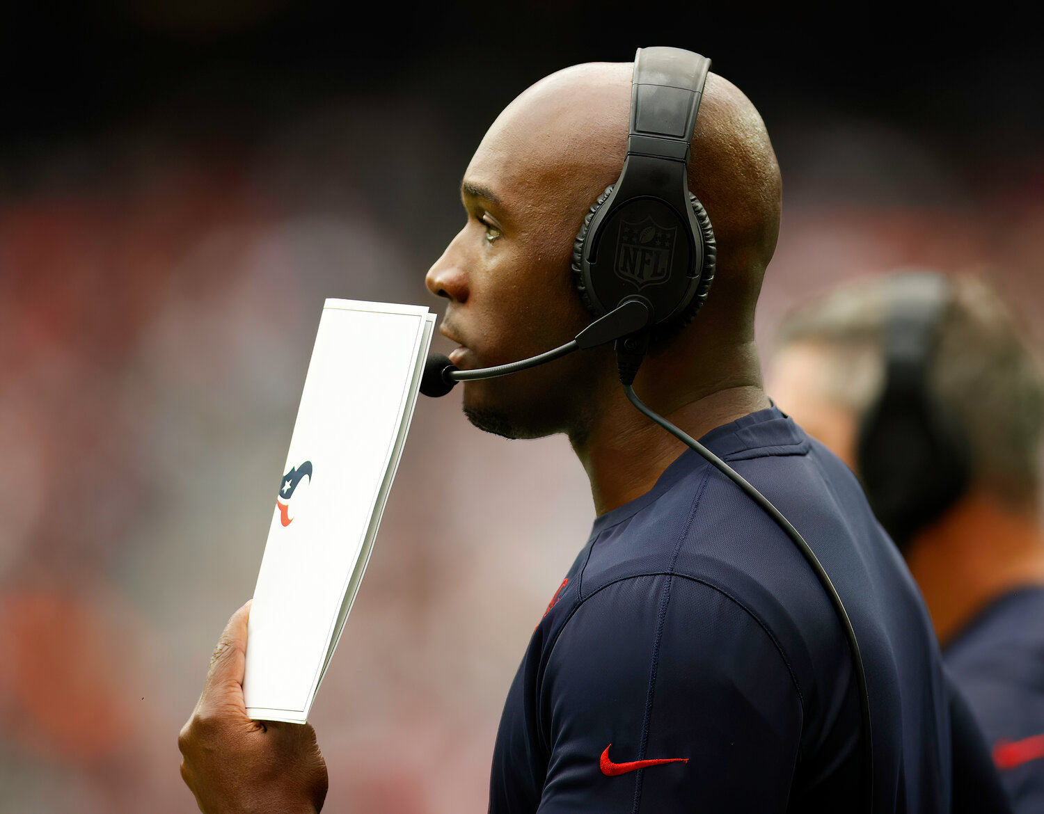 Texans head coach DeMeco Ryans during an NFL game between the Texans and the Saints on October 15, 2023 in Houston. The Texans won, 20-13.
