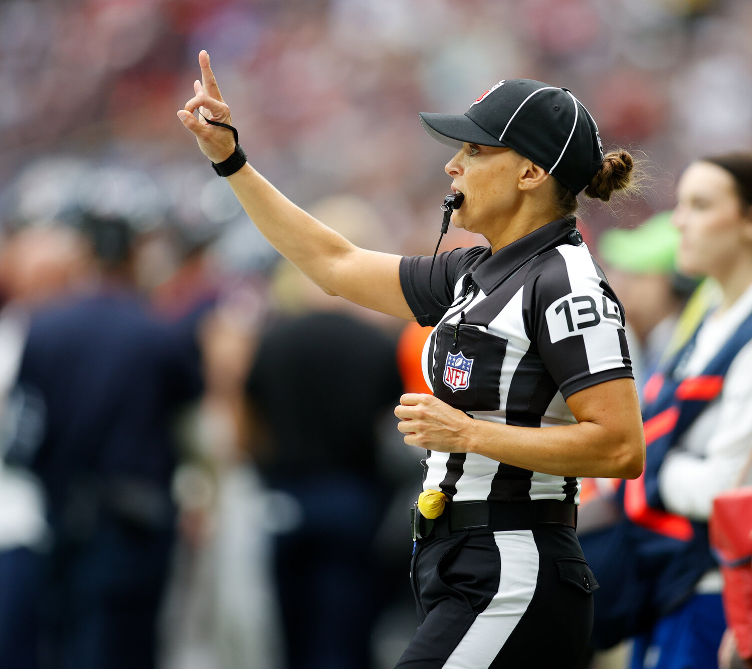 Line judge Robin DeLorenzo (134) during an NFL game between the Texans and the Saints on October 15, 2023 in Houston. The Texans won, 20-13.