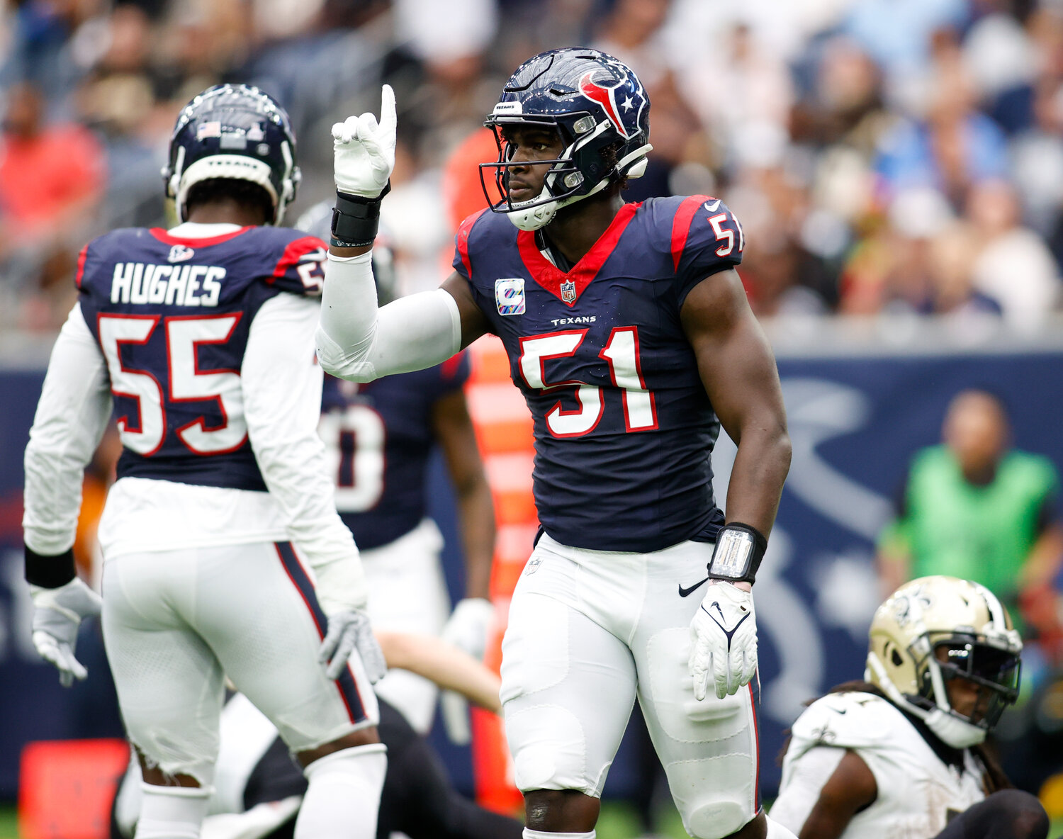 Texans defensive end Will Anderson Jr. (51) gestures after making a tackle for loss during an NFL game between the Texans and the Saints on October 15, 2023 in Houston. The Texans won, 20-13.
