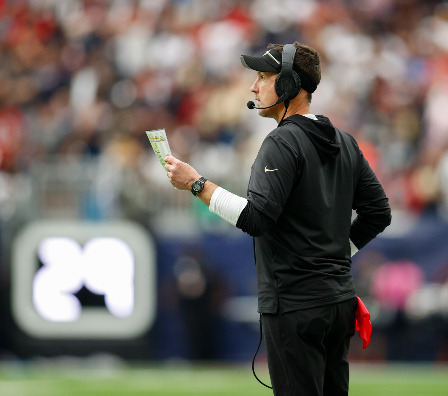Saints head coach Dennis Allen during an NFL game between the Texans and the Saints on October 15, 2023 in Houston. The Texans won, 20-13.