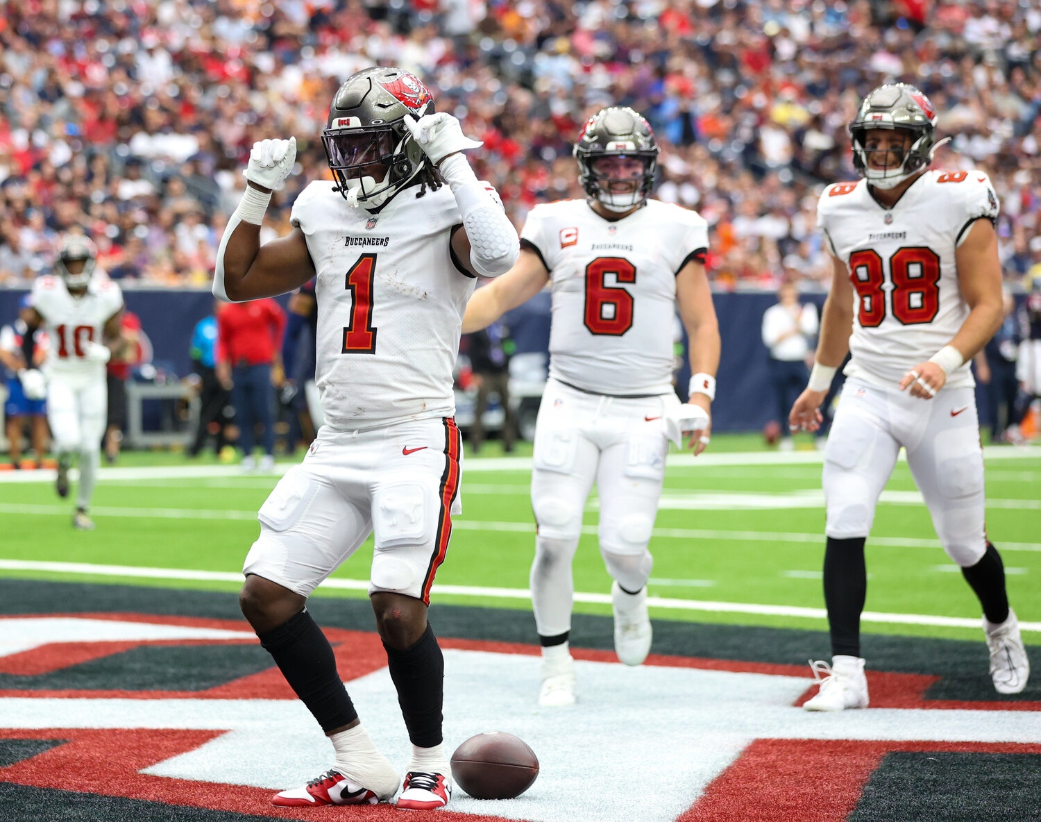 Buccaneers running back Rachaad White (1) celebrates after scoring on a 1-yard touchdown run during an NFL game between the Houston Texans and the Tampa Bay Buccaneers on November 5, 2023 in Houston.