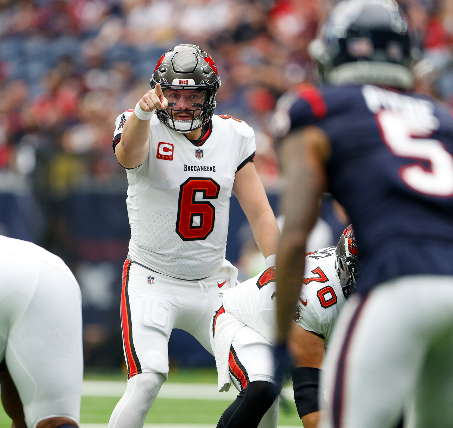 Buccaneers quarterback Baker Mayfield (6) points to Texans safety Jalen Pitre (5) before a snap during an NFL game between the Houston Texans and the Tampa Bay Buccaneers on November 5, 2023 in Houston.