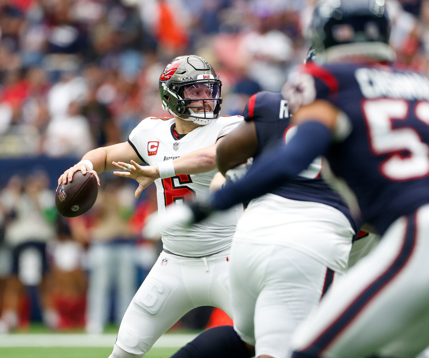 Buccaneers quarterback Baker Mayfield (6) passes the ball during an NFL game between the Houston Texans and the Tampa Bay Buccaneers on November 5, 2023 in Houston.