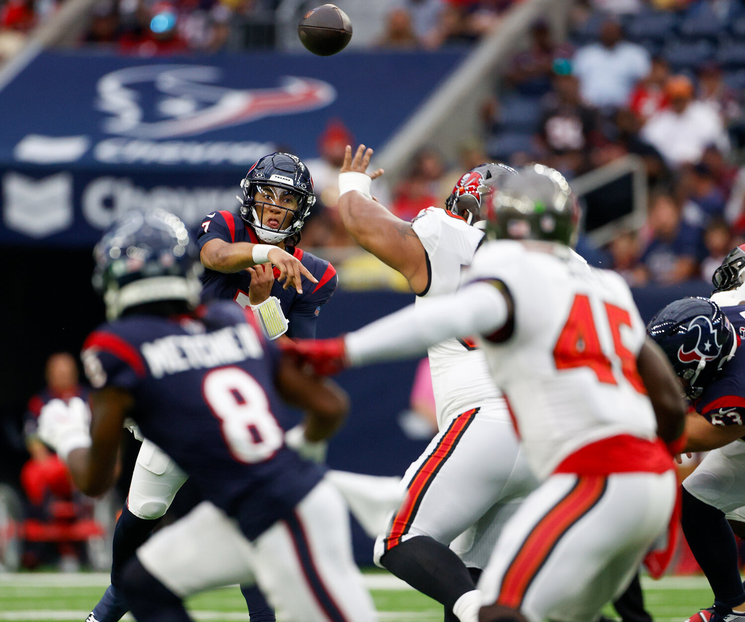 Texans quarterback C.J. Stroud (7) passes the ball during an NFL game between the Houston Texans and the Tampa Bay Buccaneers on November 5, 2023 in Houston.