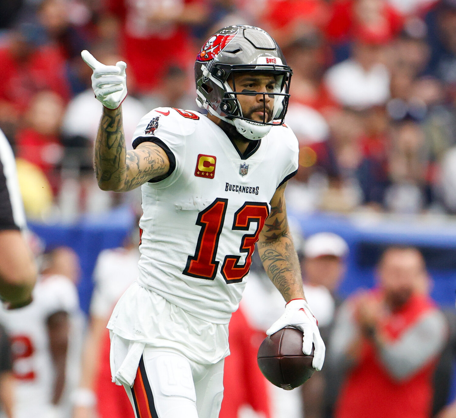Buccaneers wide receiver Mike Evans (13) gestures for a first down after a catch during an NFL game between the Houston Texans and the Tampa Bay Buccaneers on November 5, 2023 in Houston.