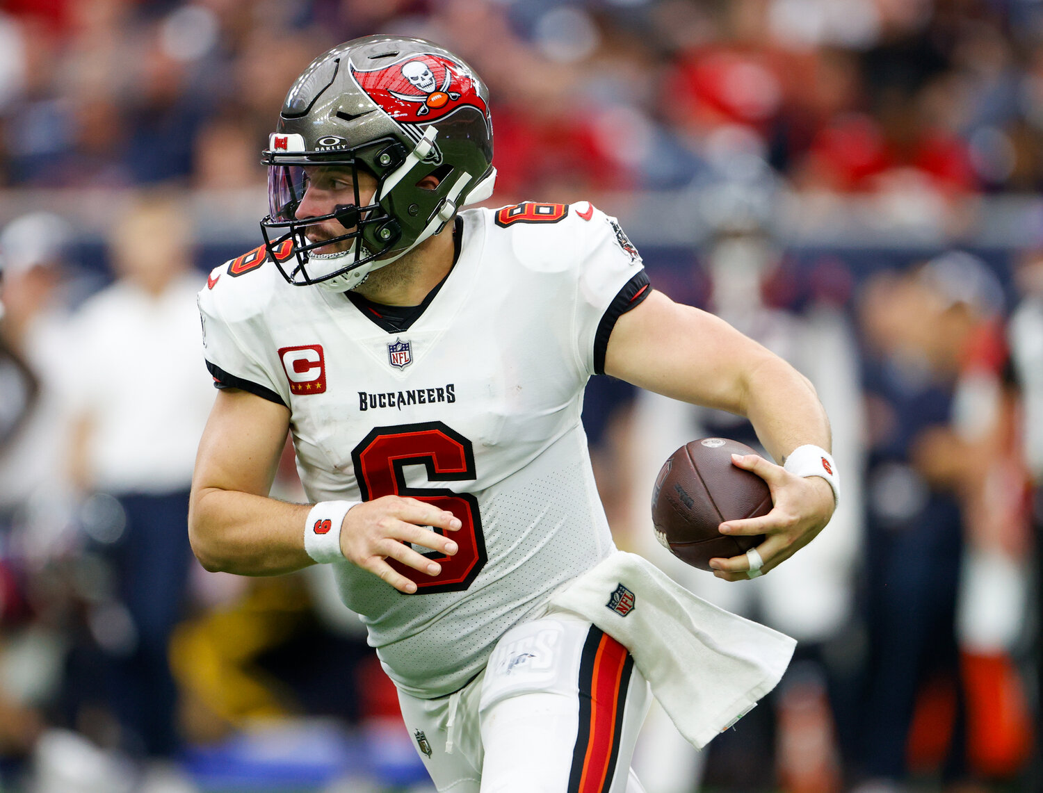 Buccaneers quarterback Baker Mayfield (6) carries the ball during an NFL game between the Houston Texans and the Tampa Bay Buccaneers on November 5, 2023 in Houston.