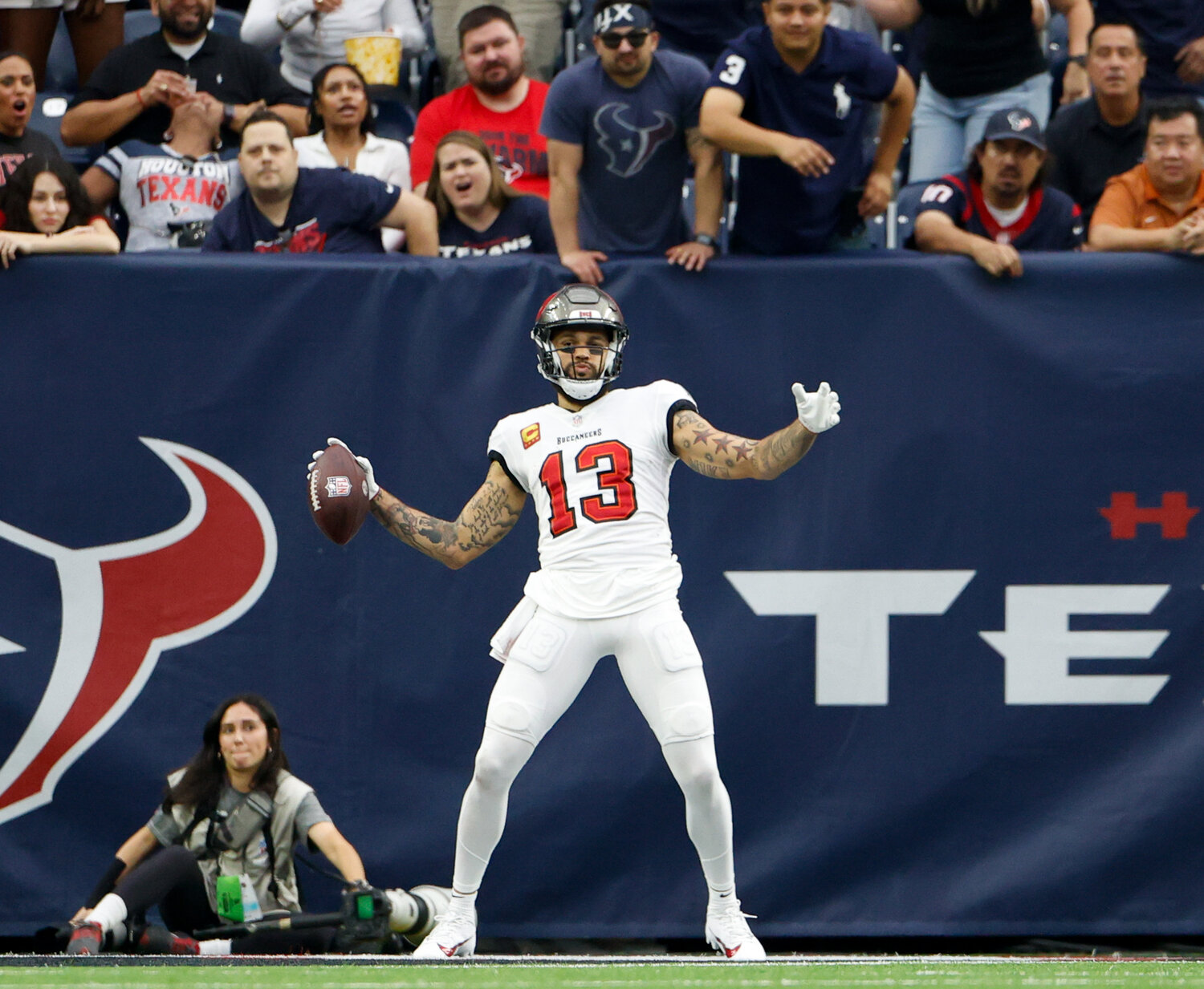 Buccaneers wide receiver Mike Evans (13) reacts after making a 54-yard catch setting the Bucs up on the 1-yard line during an NFL game between the Houston Texans and the Tampa Bay Buccaneers on November 5, 2023 in Houston.