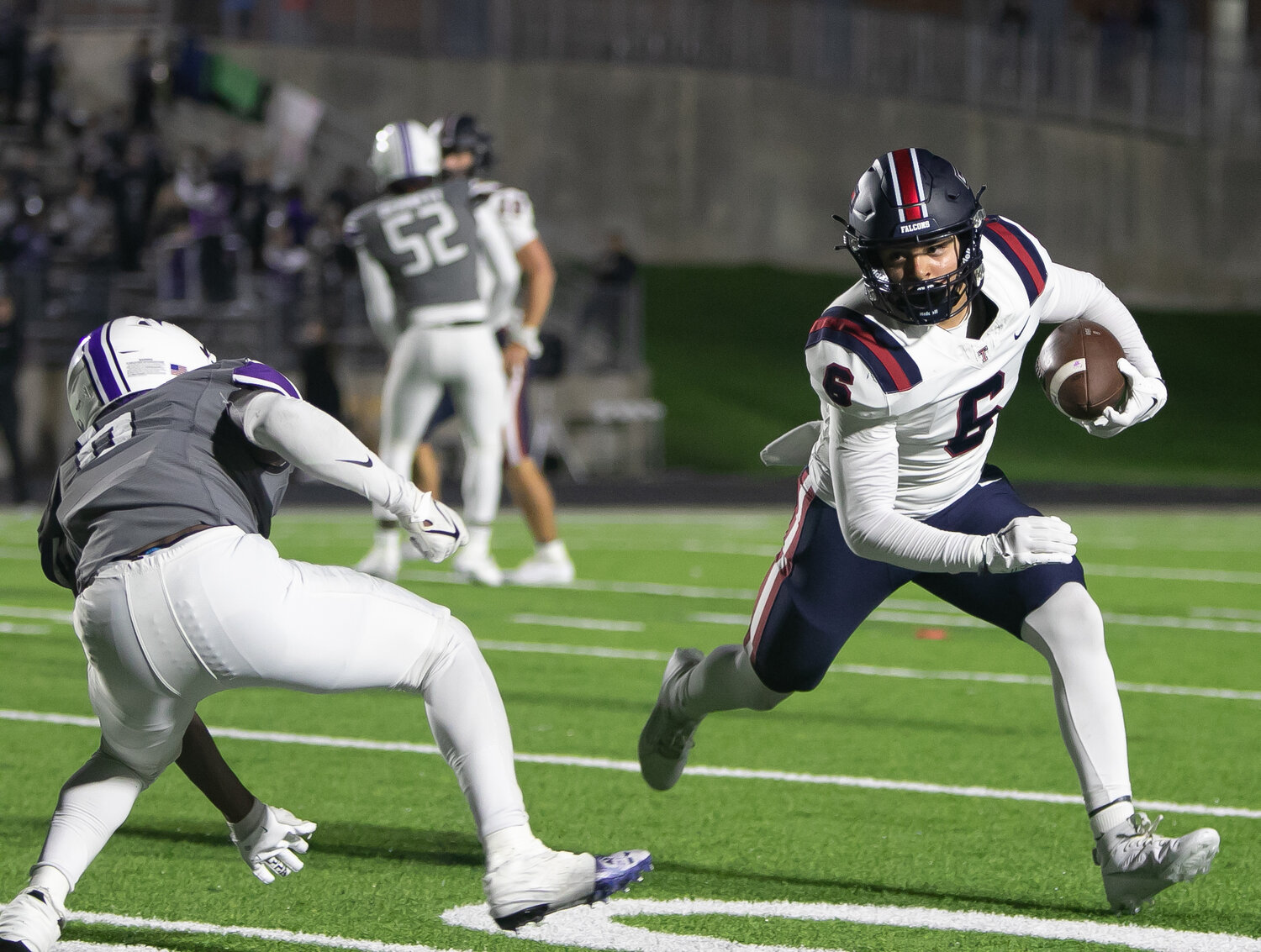 Dylan Rodriguez tries to get past a defender during Friday's game between Tompkins and Ridge Point at Hall Stadium.
