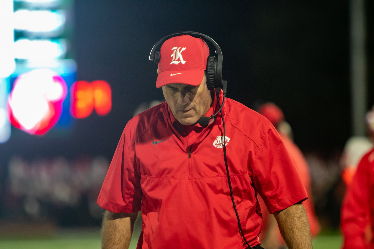 Gary Joseph walks the sideline during Friday's area round game between Katy and Cy-Fair at the Berry Center in Cypress.
