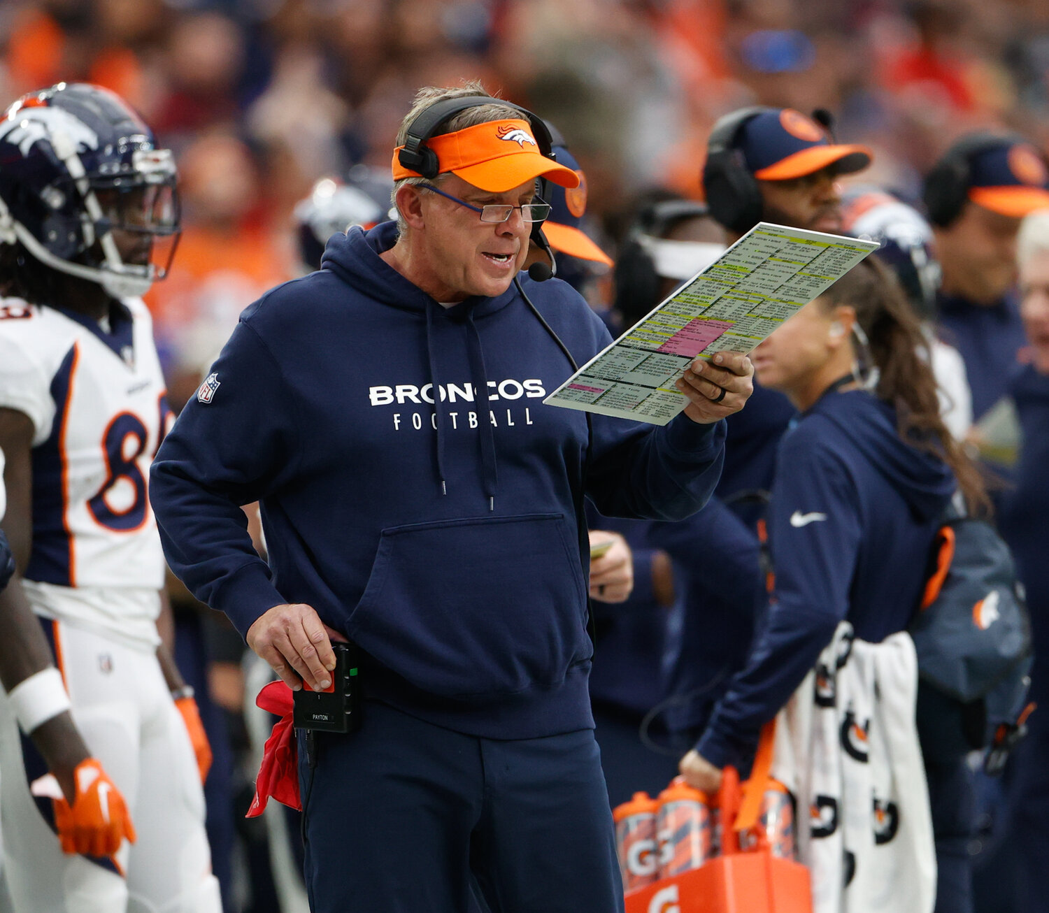 Broncos head coach Sean Payton during an NFL game between the Texans and the Broncos on December 3, 2023 in Houston. The Texans won, 22-17.
