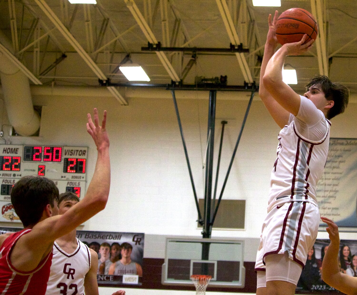 Noah Pearce shoots a jumper during Wednesday’s game between Katy and Cinco Ranch at the Cinco Ranch gym.