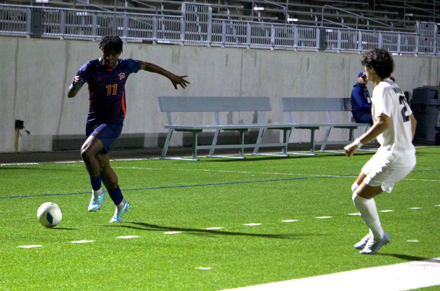 Daniel Ejerenwa dribbles up the field during Friday’s game between Seven Lakes and Jordan at Legacy Stadium.