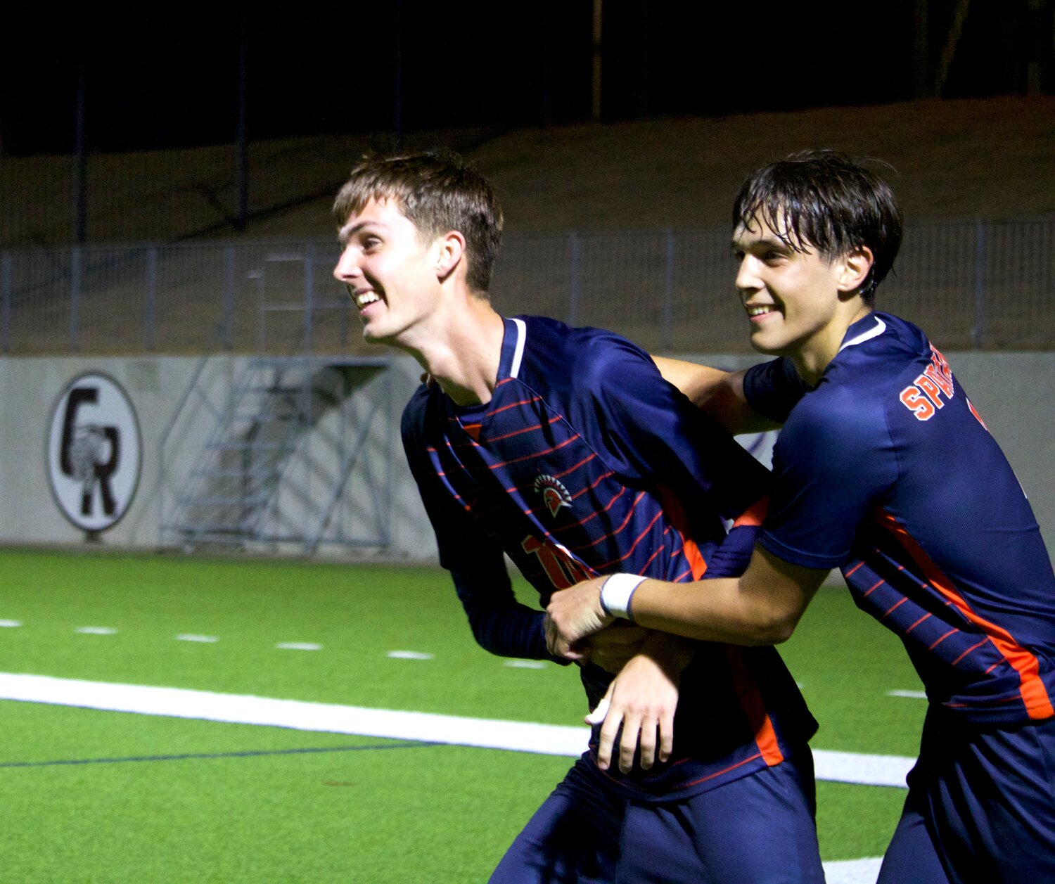 Aidan Morrison and Noa Stasic celebrate after Morrison scored a goal during Friday’s game between Seven Lakes and Jordan at Legacy Stadium.